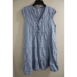 Bella‎ Ambra Midi Dress Blue Tiered Button Front Sleeveless Linen Dress